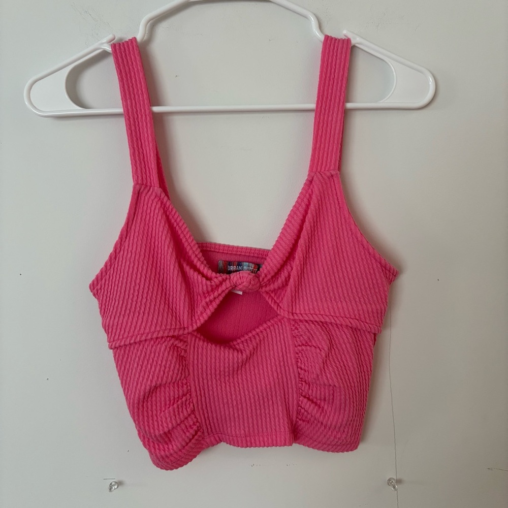urban outfitters bright hot pink tie knot ribbed cropped tank top.🩷
